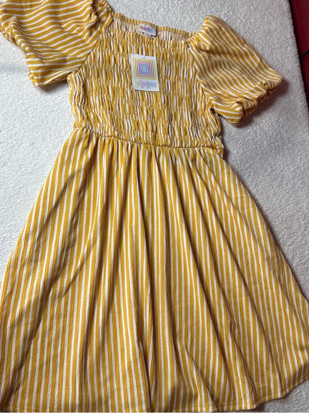 LuLaRoe Girls' Yellow and White Striped Smocked Dress